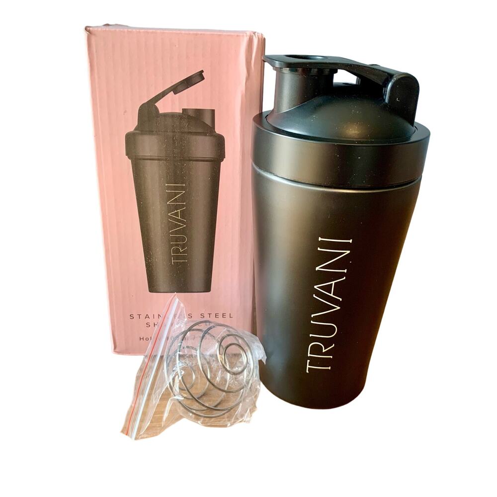 Truvani Stainless Steel Protein Shaker Cup BPA Free Wire Whisk 16.9 oz BLACK NEW